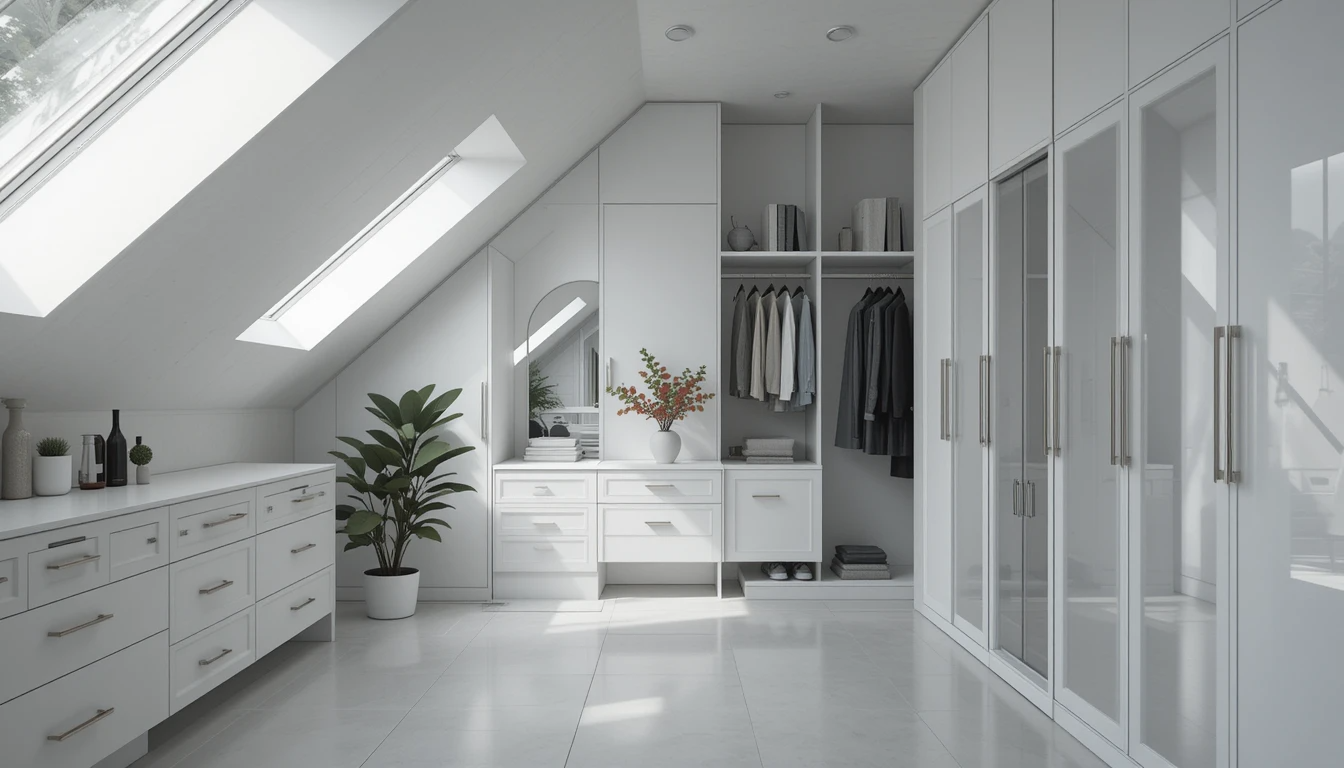 All-white minimalist dressing under sloped roof hidden handles, floor-to-ceiling mirrors, monochrome organization. Single potted plant for contrast. Clean lines, natural light, hyper-realistic