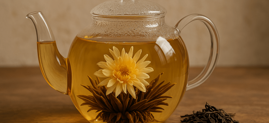 Blooming tea flower unfolding in a glass teapot with jasmine and chrysanthemum
