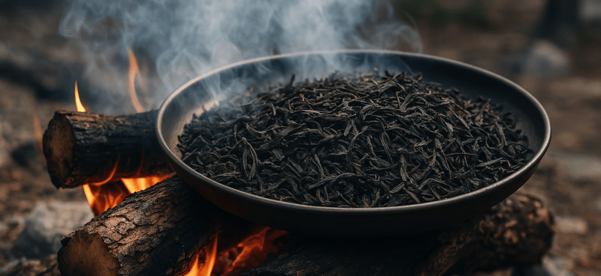 Fresh Lapsang Souchong tea leaves with pine needles and smoke