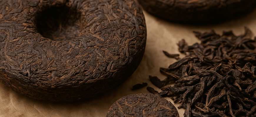 Traditional Pu-Erh tea cakes and brewing tools in Yunnan Province