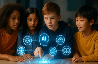 Children interacting with a digital AI interface displaying futuristic icons