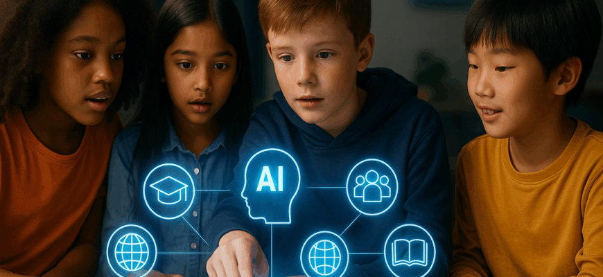 Children interacting with a digital AI interface displaying futuristic icons