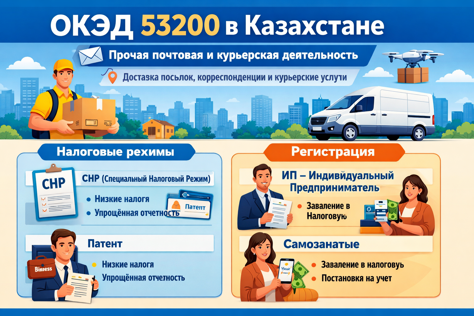 ОКЭД 53200 в Казахстане: определение, налоговые режимы и регистрация для курьерской деятельности