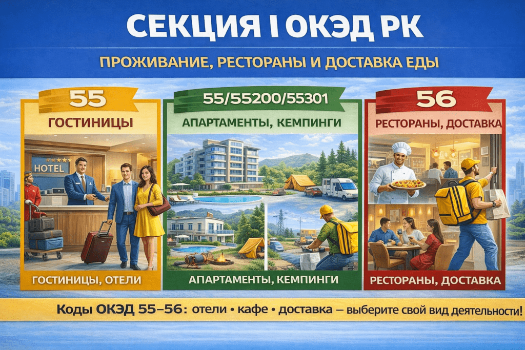 Секция I ОКЭД РК: проживание, рестораны и доставка еды