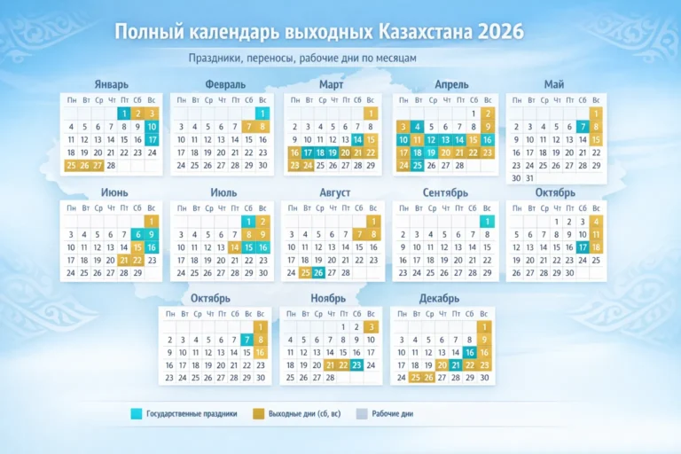 Инфографика календаря выходных и государственных праздников Казахстана на 2026 год с выделенными месяцами, выходными и праздниками