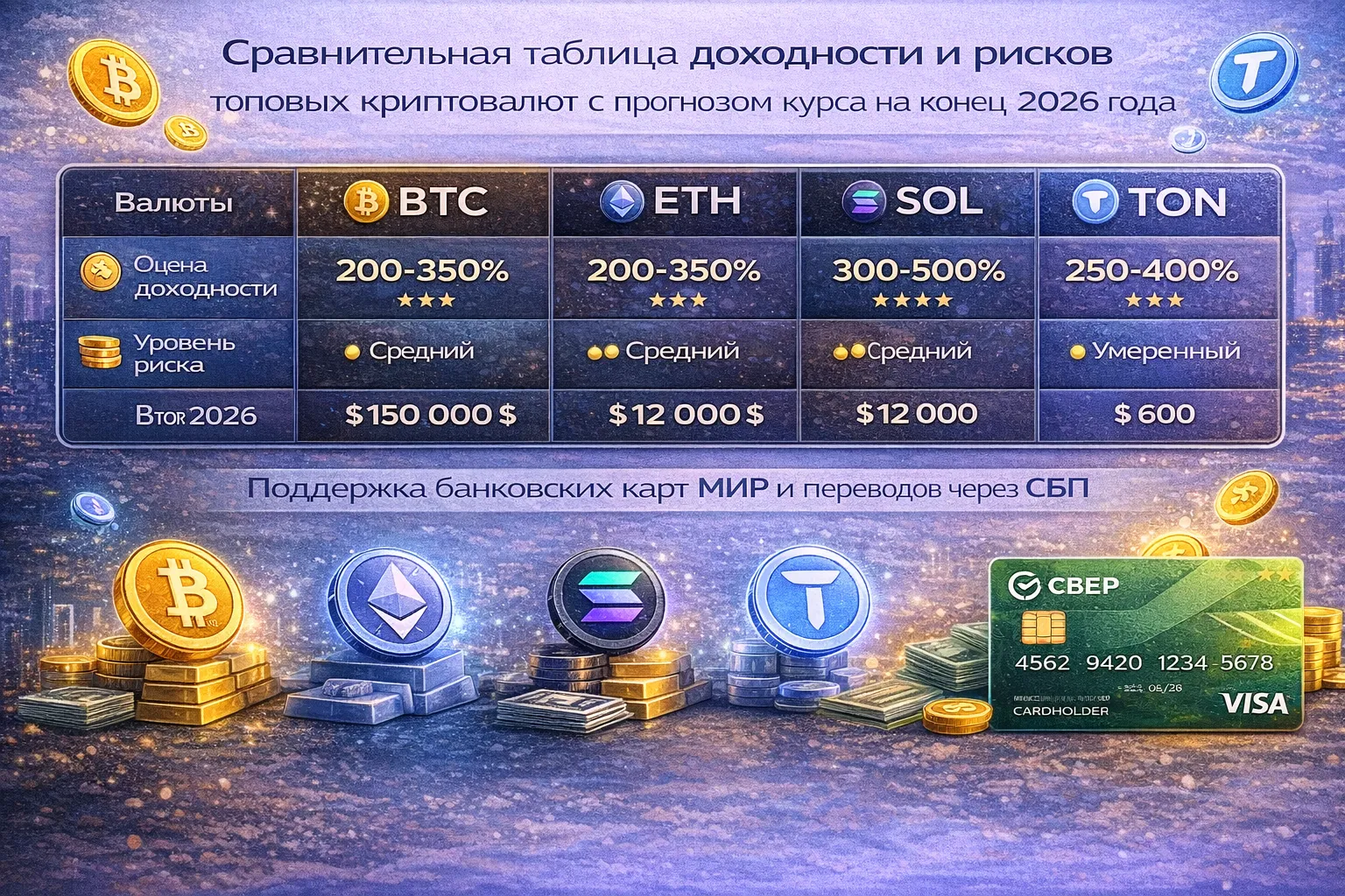 Инфографика топ криптовалют 2026 года для инвестиций: Bitcoin, Ethereum, Solana