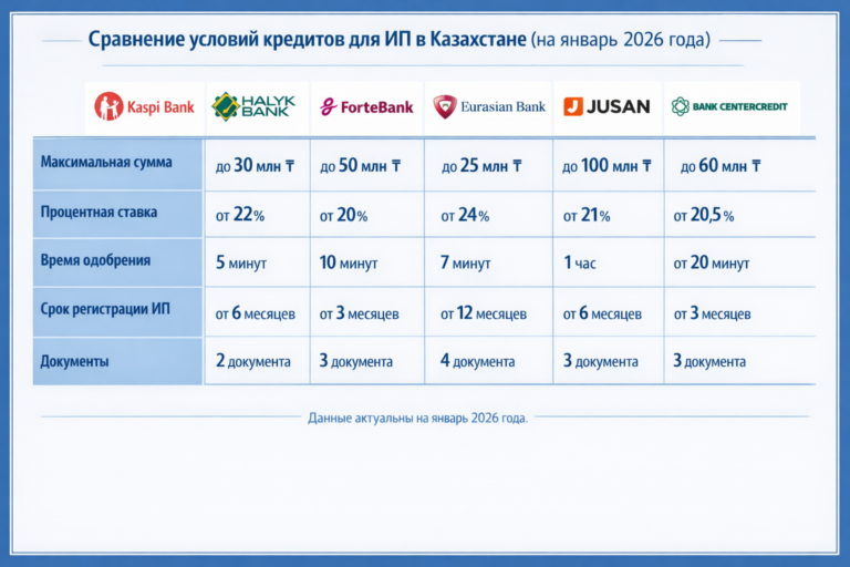 Сравнение 6 банков Казахстана: кредиты без залога для ИП - сумма, ставка, время одобрения
