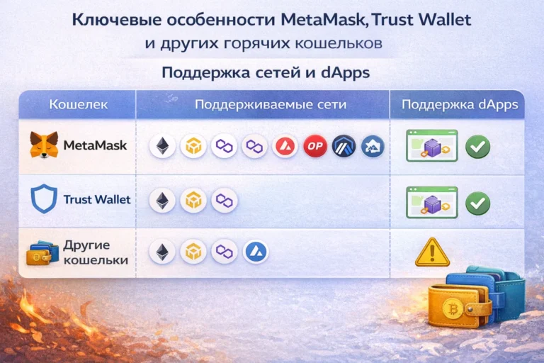Рейтинг лучших горячих криптокошельков 2026 года: логотипы MetaMask, Trust Wallet и Exodus на защищенном фоне