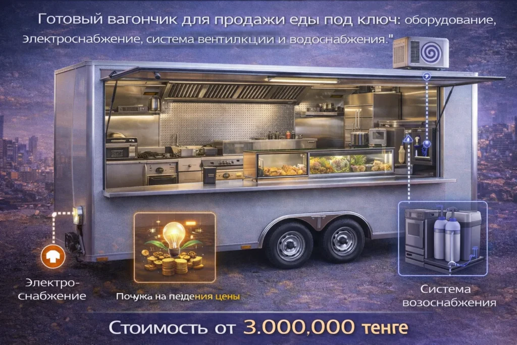 Современный белый вагончик для продажи фастфуда на улице Казахстана с окном обслуживания и брендингом