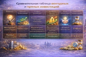 Таблица сравнения венчурных инвестиций и прямых инвестиций: различия по стадии, риску, доходности и горизонту