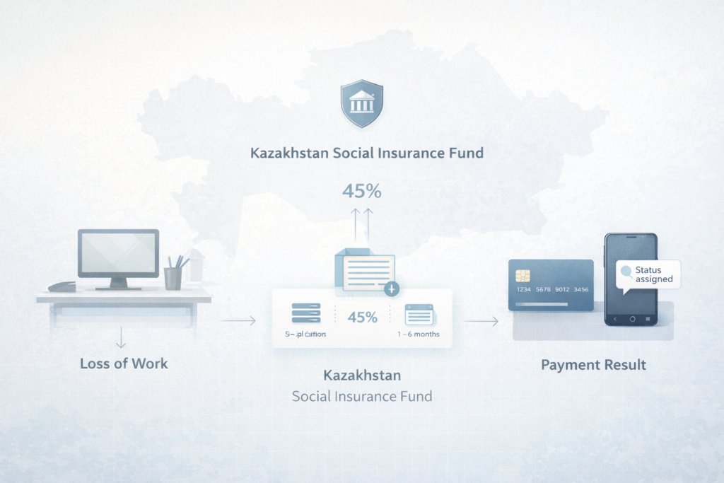 Социальная выплата по потере работы в Казахстане - схема расчёта 45%, сроки перечисления и процесс назначения через ГФСС