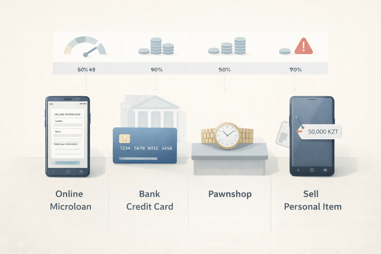 Сравнение способов срочно получить деньги в Казахстане: онлайн-МФО, кредитная карта, ломбард и продажа имущества, с акцентом на риски и скоринг