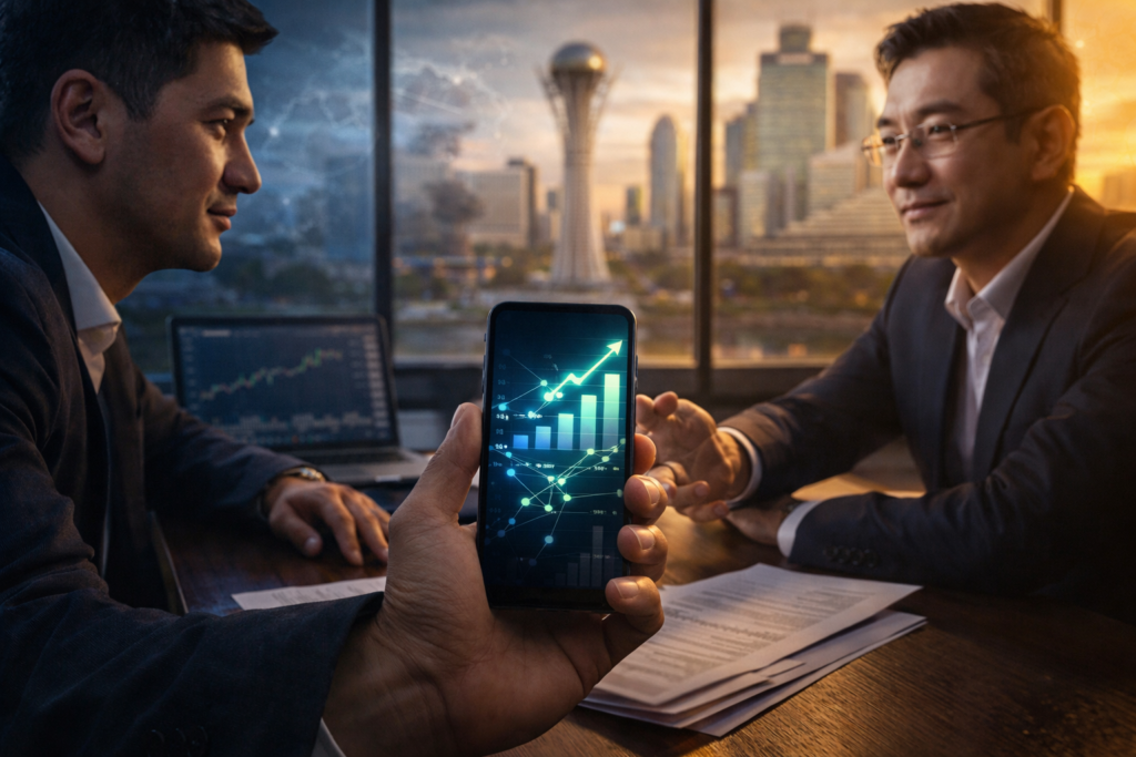 Chinese investor meeting Kazakhstan entrepreneur discussing cross-border business partnership and investment strategy