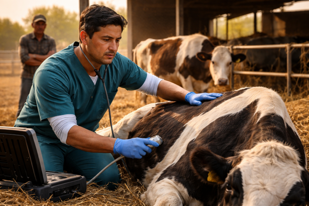ветеринар осматривает корову на ферме диагностика и лечение КРС выезд ветеринара