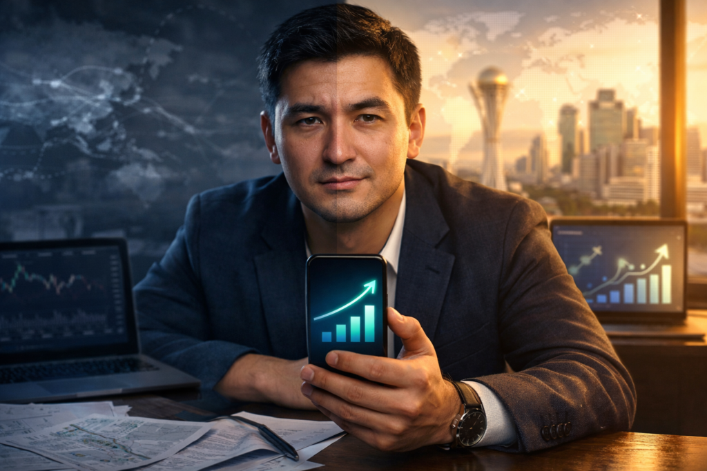 Entrepreneur analyzing business opportunities in Kazakhstan with financial data, logistics routes, and market entry strategy on laptop and smartphone in a modern office