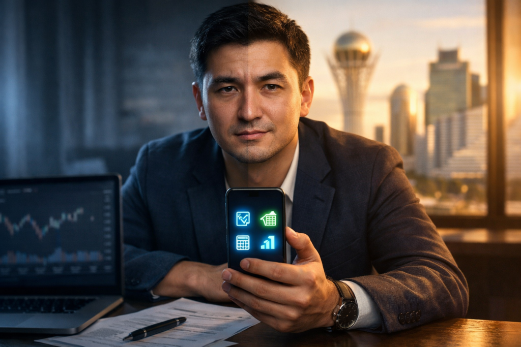 Business in Kazakhstan concept showing entrepreneur analyzing taxes, company registration, and growth strategy in a modern office environment