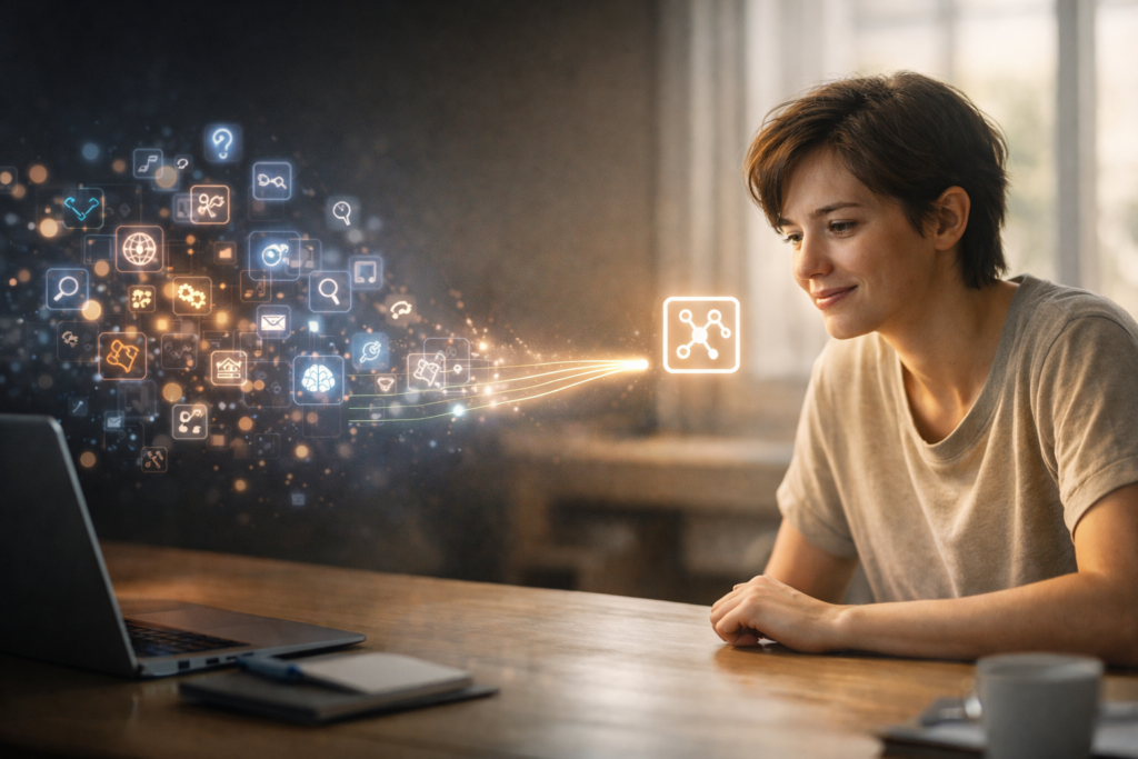 человек использует искусственный интеллект онлайн для работы и учебы простой понятный интерфейс нейросети