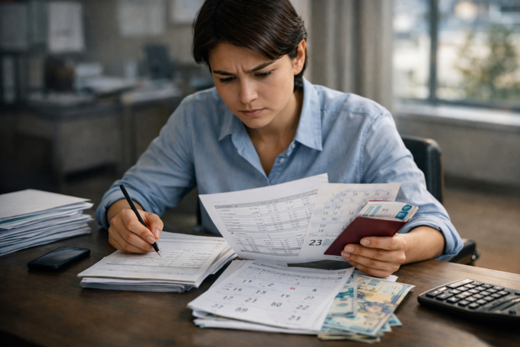 Сотрудник проверяет расчет стажа для отпуска в Казахстане и анализирует периоды работы, больничного и отпуска