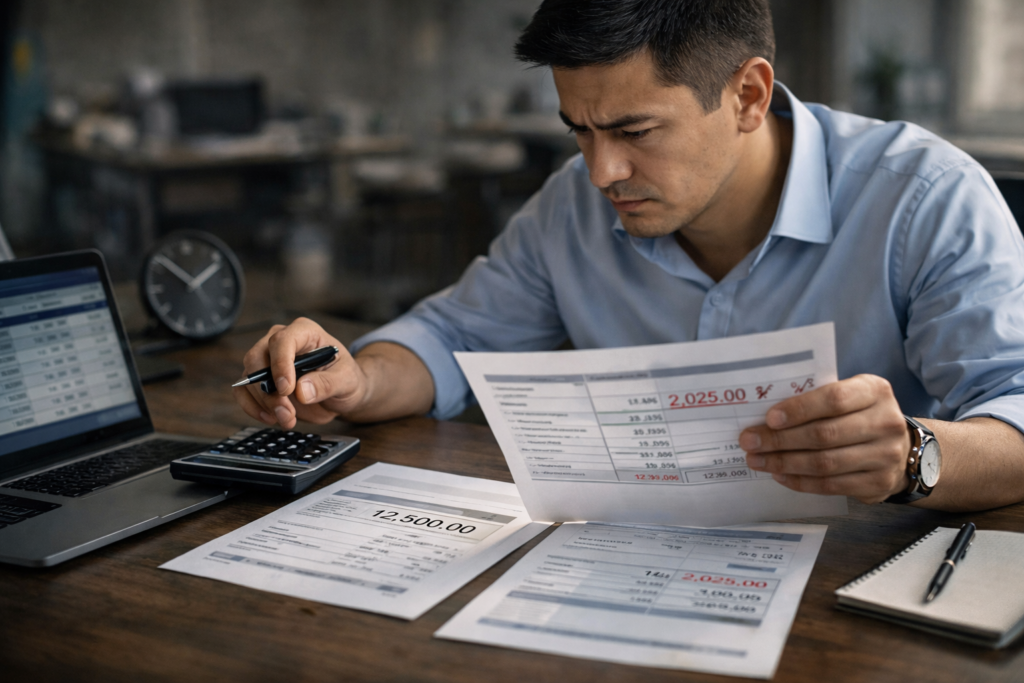 предприниматель в Казахстане рассчитывает налоги ИП и ТОО 2026 на компьютере с документами и калькулятором