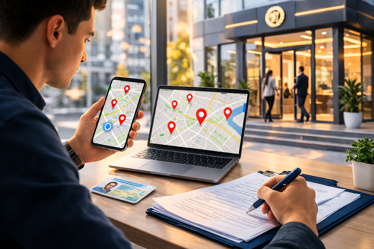 Человек ищет нотариуса рядом в Казахстане через карту и телефон, сравнивая удобный офис для срочного нотариального действия