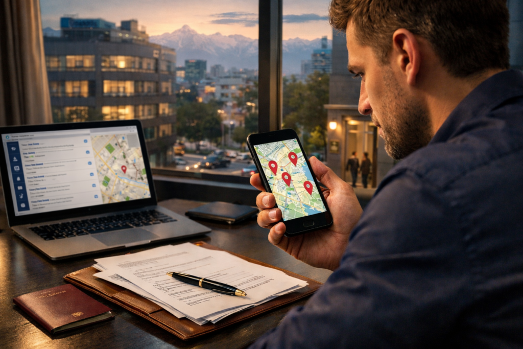 Человек ищет нотариуса в Алматы на смартфоне, сравнивает адреса, телефоны, цены и офисы, которые открыты сейчас