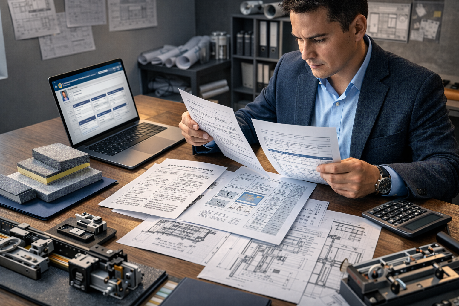 Специалист по монтажным работам в Казахстане изучает документы по ОКЭД 43298, лицензированию и выбору кода для лифтов, автоматических дверей и прочих строительно-монтажных работ