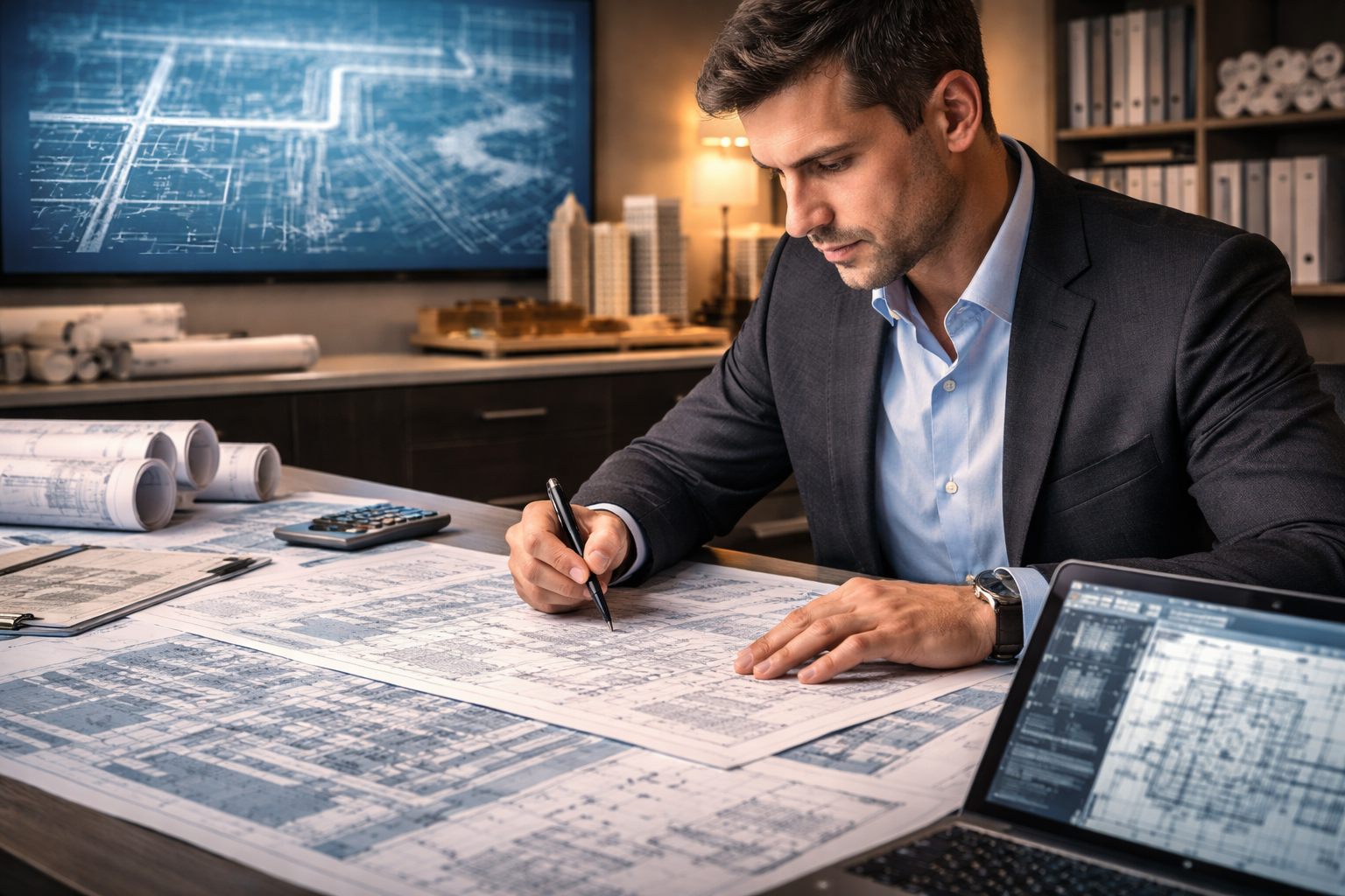 Инженер изучает проектную документацию и выбирает ОКЭД 71121 для инженерно-технического проектирования в Казахстане