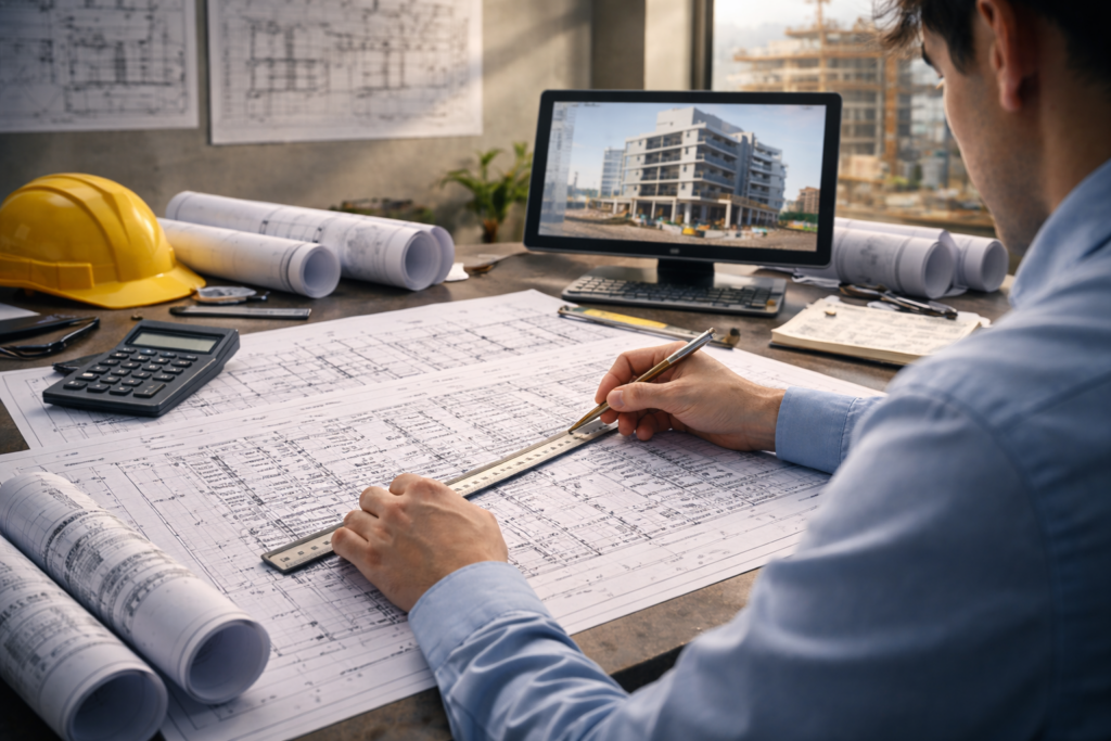 Разработка проектно-сметной документации - инженер анализирует архитектурные чертежи и сметные расчеты для подготовки ПСД перед строительством