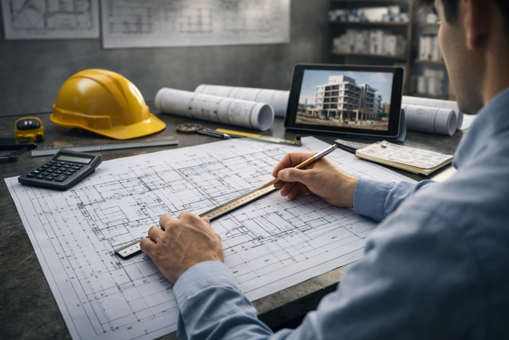 Разработка проектно-сметной документации для строительства: инженер анализирует архитектурные чертежи, сметы и проектные решения здания