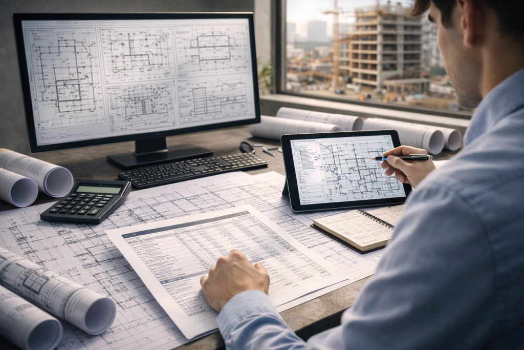 разработка проектной документации и смет для строительства - инженер анализирует чертежи проекта и сметную документацию