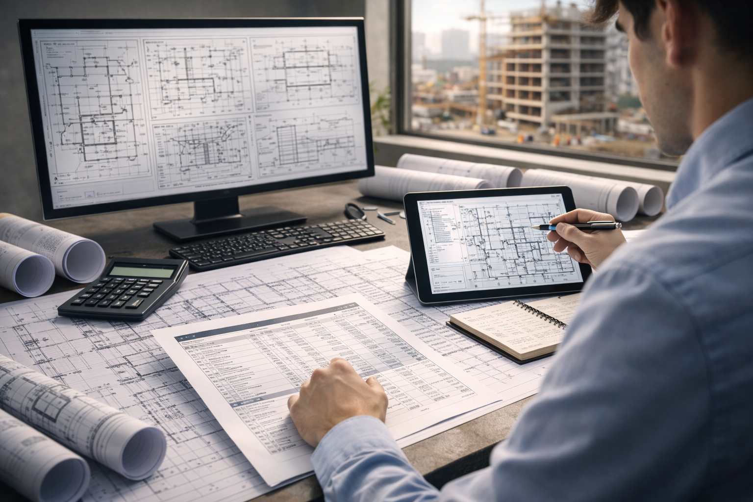 разработка проектной документации и смет для строительства — инженер анализирует чертежи проекта и сметную документацию