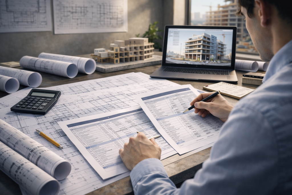 Разработка проектно-сметной документации: инженер анализирует архитектурные чертежи и сметные расчеты для строительного проекта