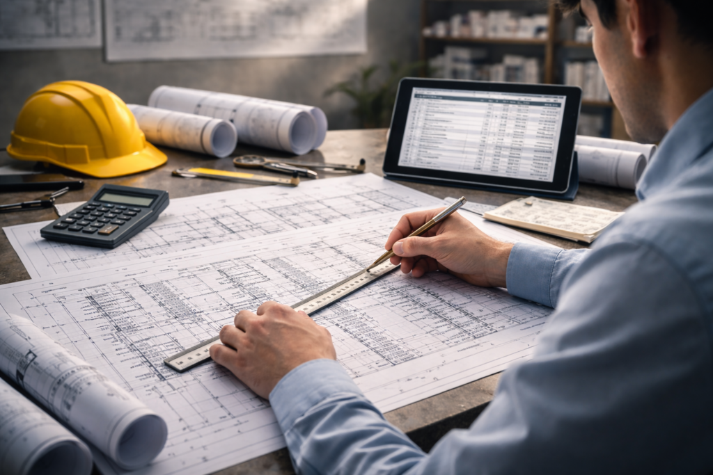 Сметная документация в строительстве: инженер анализирует архитектурные чертежи и рассчитывает стоимость работ и материалов