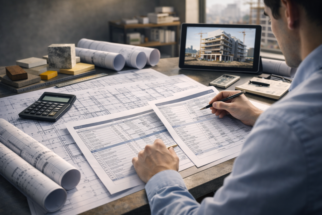 Разработка сметы для строительства и ремонта - инженер анализирует архитектурные чертежи, строительные расчеты и сметную документацию проекта