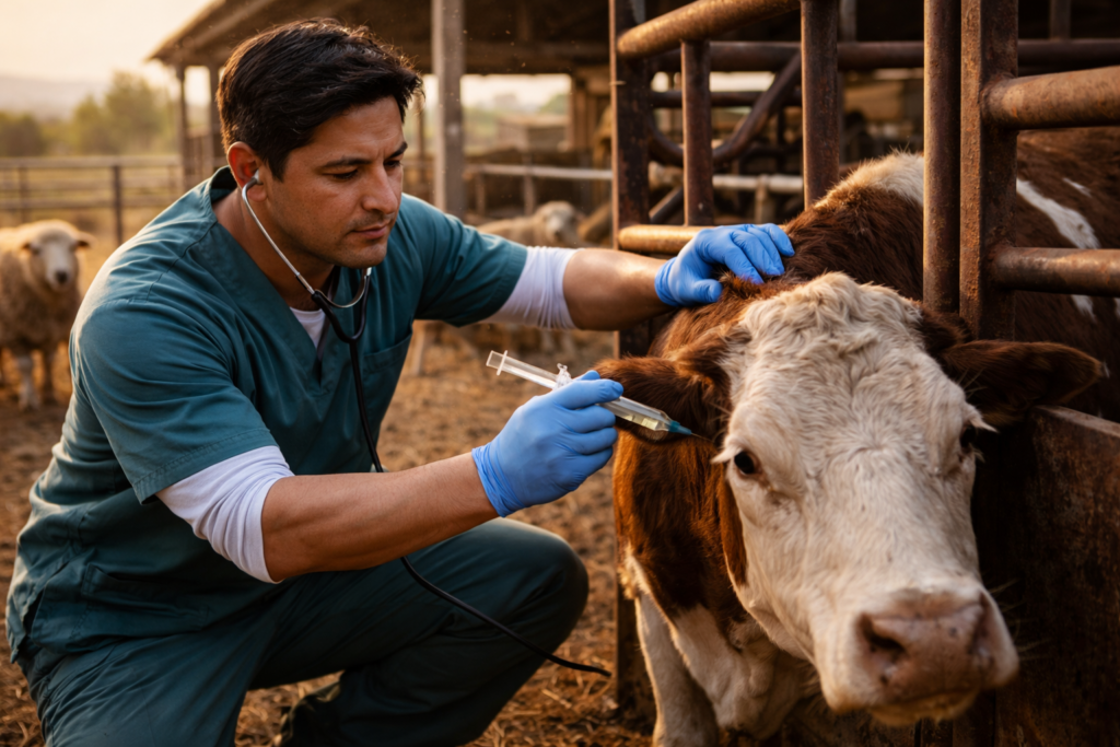 вакцинация сельскохозяйственных животных ветеринар осматривает КРС на ферме Казахстан график прививок