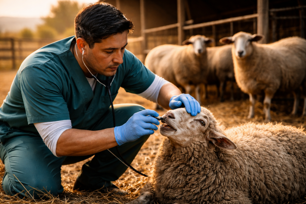 ветеринарный осмотр овцы на ферме диагностика и лечение мелкого рогатого скота