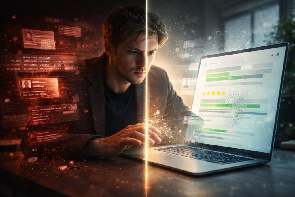 человек проверяет свою информацию в интернете на ноутбуке и удаляет личные данные из поисковой выдачи