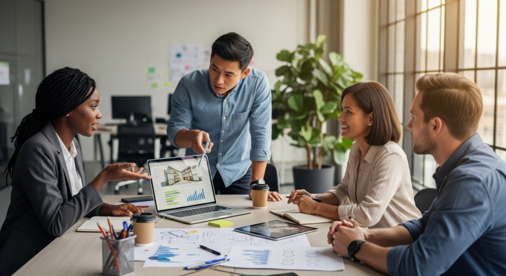 Entrepreneur exploring profitable property business ideas including home staging, Airbnb rentals, and real estate photography