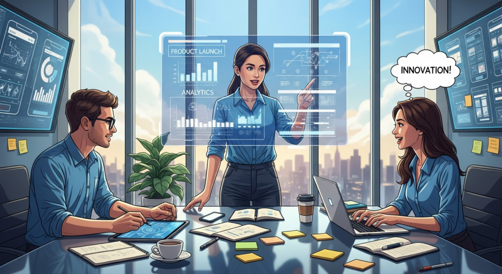 Entrepreneur celebrating a successful small business launch surrounded by marketing strategy elements and social media icons