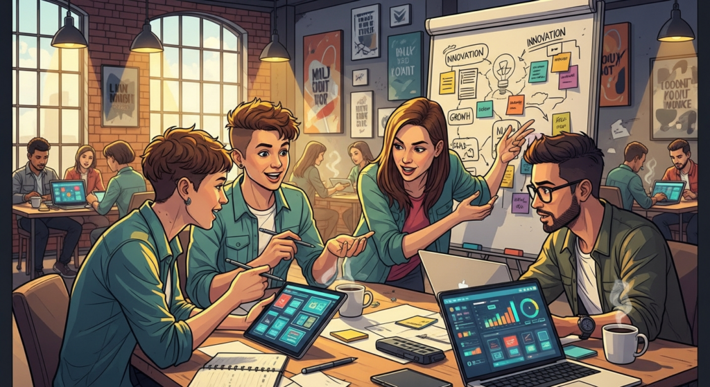 Young entrepreneur working on a laptop at a desk surrounded by startup business ideas and creative tools