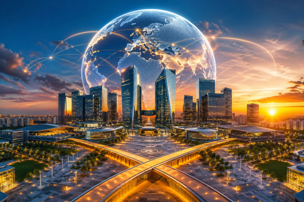 AIFC Astana Kazakhstan modern financial centre building with glass facade and flags