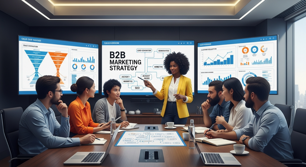 B2B marketing strategy visualization showing social media channels, marketing funnel, lead generation, and business growth