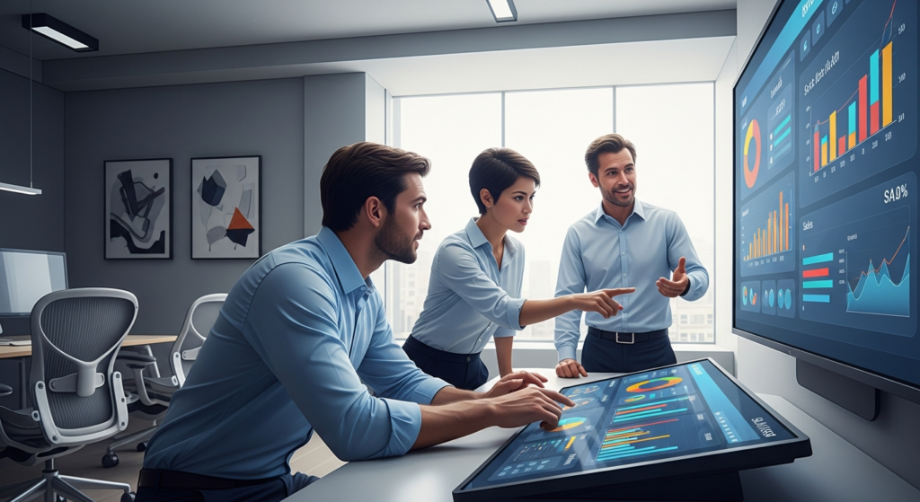 B2B sales process visualization showing lead generation, sales funnel stages, and business deal closing between companies