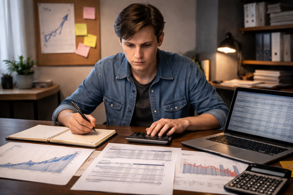 Предприниматель проверяет бизнес-план с расчётами, анализируя выручку, расходы, прибыль и финансовую устойчивость проекта