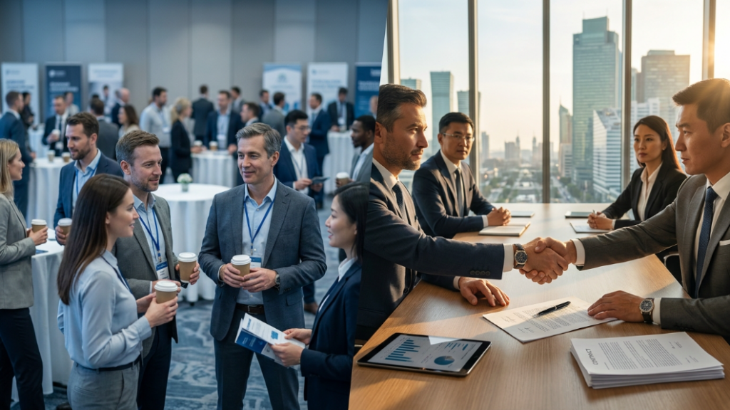 China–Kazakhstan business meeting with investors and partners in a chamber of commerce environment showing deal negotiation and cross-border cooperation