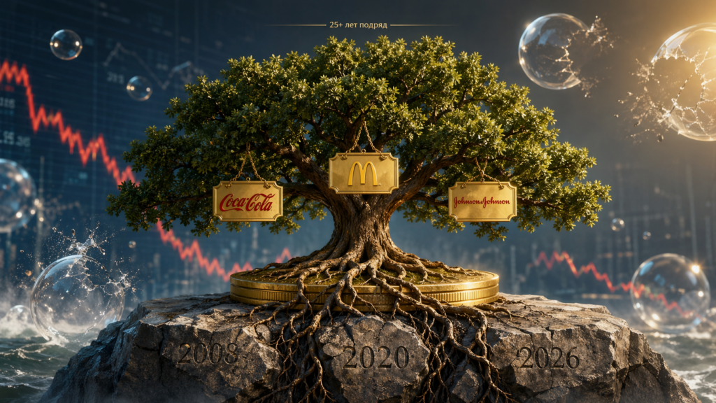 Dividend Aristocrats 2026: дуб стабильности растет из золотой монеты на фоне кризисов 2008, 2020, 2026