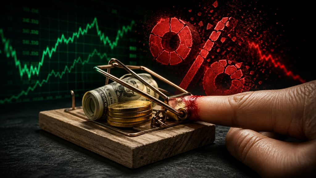 Дивидендная ловушка: мышеловка с золотыми монетами и треснувшим процентом 20%, палец инвестора под ударом — опасность высокой доходности акций