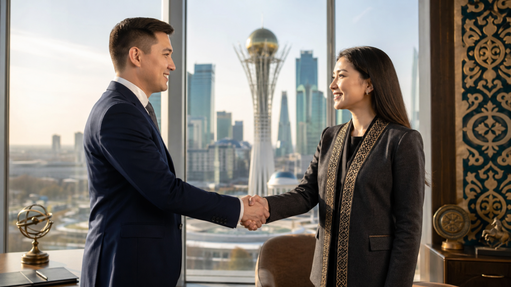 Business professionals shaking hands over dastarkhan tea ceremony in modern Kazakhstan office