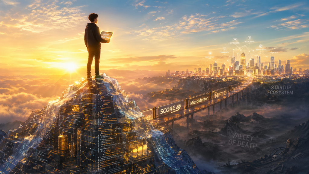 Young founders standing on growth diagram with four stages: Spark, Support, Execution, Scaling, futuristic city background