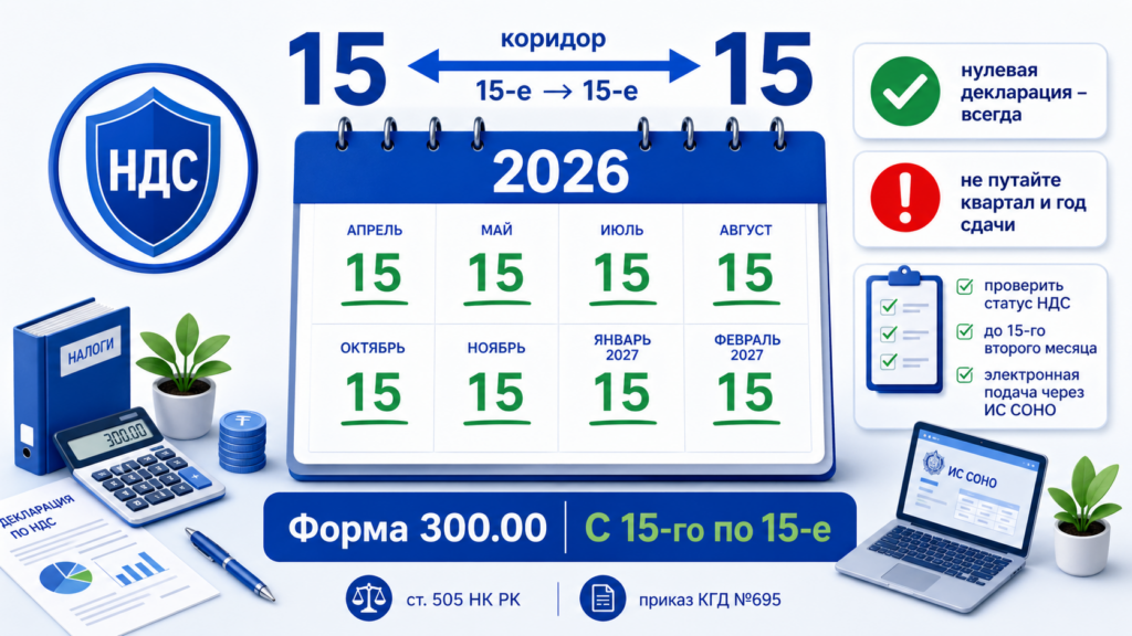 Календарь сроков сдачи формы 300.00 по НДС в Казахстане 2026, коридор 15–15, инфографика